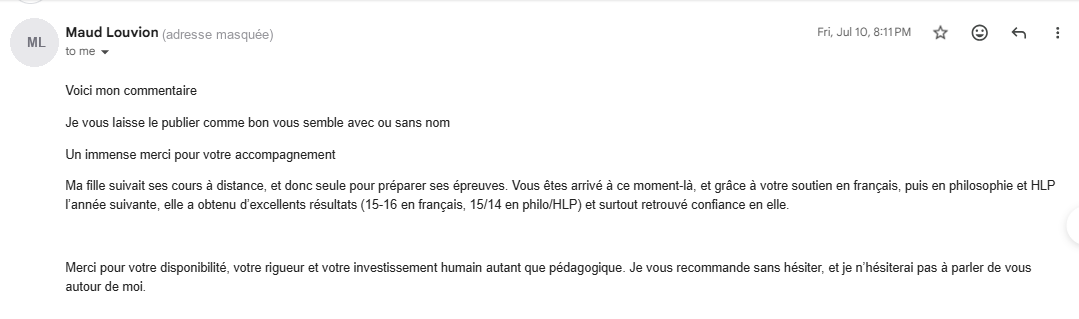 Capture du courriel reçu de Maud Louvion le 10 juillet 2026, adresse masquée.